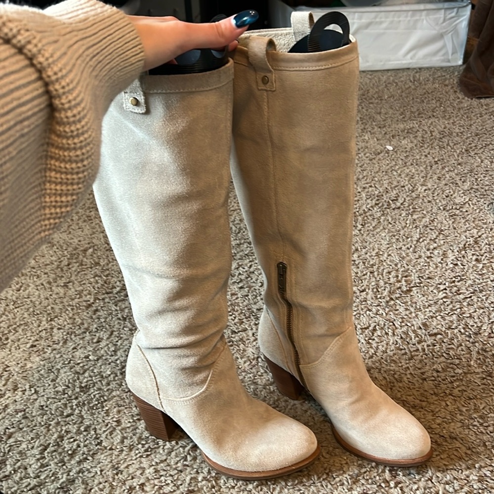 Knee high cream suede ugg heel boots